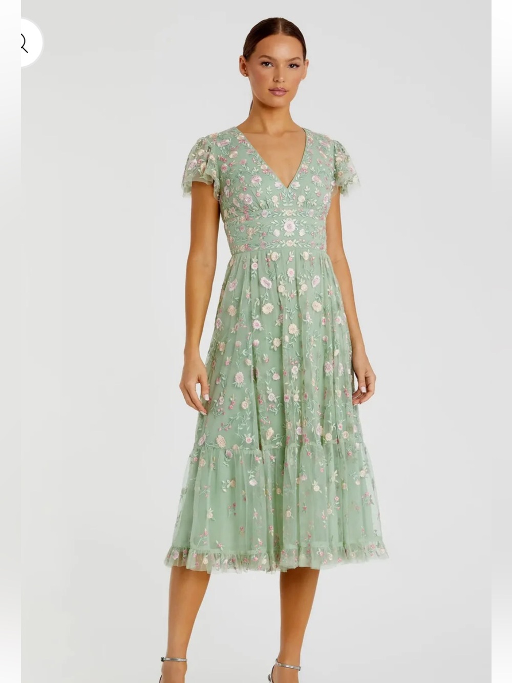 Mac Duggal NWT Green Multicolor Embroidered V Neck Cap Sleeve Midi Dress Size 16